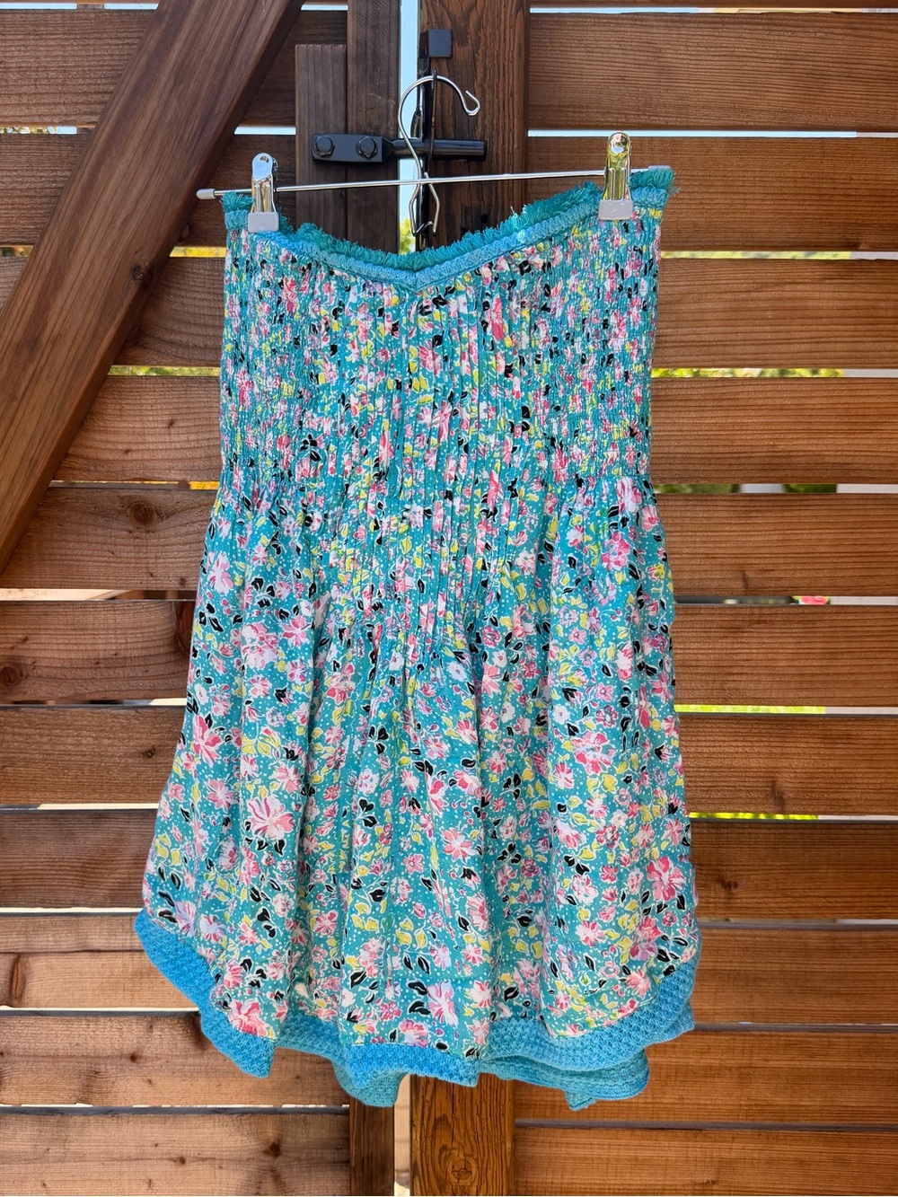 Poupette St Barth Claire Strapless Floral Mini Dress Teal Pink Size Small